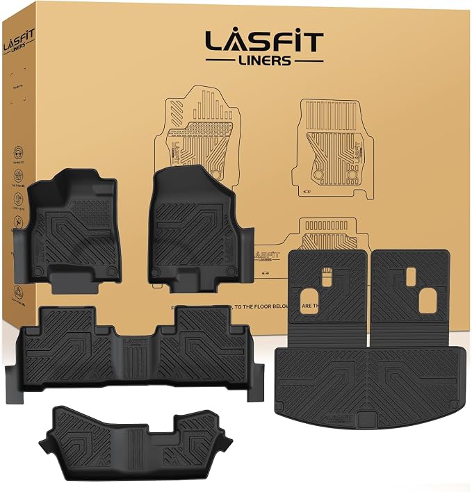 LASFIT Floor Mats&Trunk Mat&Backrest Mats for Acura Mdx 2014-2020 (Fit 7 Seater,Not fit Hybrid), Cargo Mat All Weather TPE Mats Custom Fit Floor Liner for Mdx 1st&2nd&3rd Row Car Mats & Cargo Liner