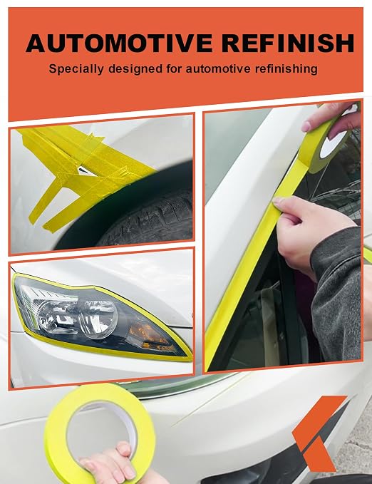 KREFINISH Professional Auto Body Painters Tape, Yellow, 1.41in x 60 yards/3 Rolls, Heat Resistant, No Residue, UV & Moisture Resistant, Ideal for Auto Body Painting, Cars, Trucks, Motorcycles