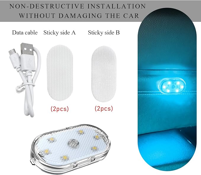 Wevdn 2 PCS Car LED Lights Interior Wireless, Sticky Car Ambient Lighting with 6 Bright LED Lamp Beads, Portable USB Rechargeable Vehicle Interior Led Night Light for Car (Ice Blue)