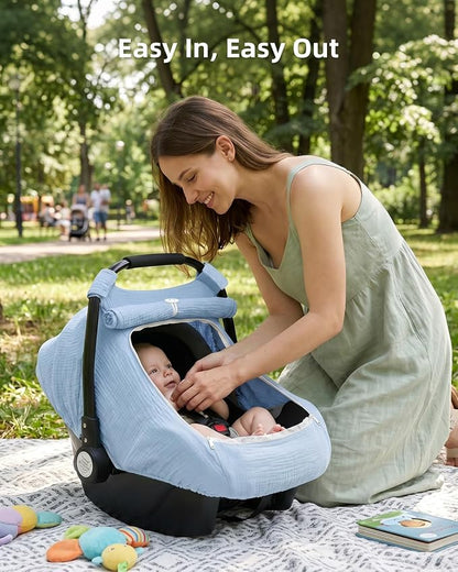 Rquite Car Seat Cover Baby Girl Boy, 100% Muslin Cotton Carseat Covers, Breathable Infant Windproof Canopy with Mesh Window, Stroller Sun Shade for Summer & Hot Day, Baby Blue