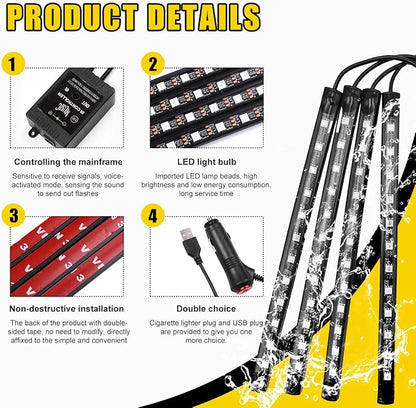 povtii Car Led Interior Lights, RBG 48 LED Multicolor Music Auto Interior Strip Light with Remote Control, Waterproof Lighting Lamp Kit Under Dash with Charger, Car Accessories (USB)