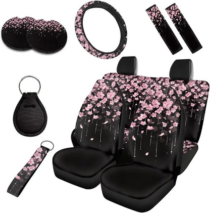 Cherry Blossom 10 Piece Car Accessories Set, Pink Spring Flower Universal Steering Wheel Cover Front Seat Rear Bench for Truck SUV Sedan, Rural Peach Blossom Car Decor