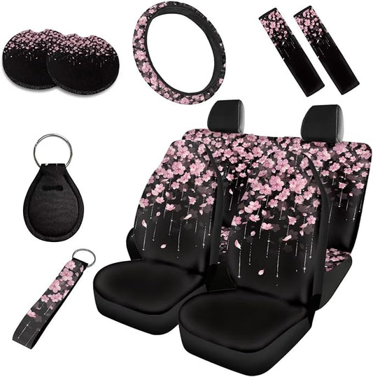 Cherry Blossom 10 Piece Car Accessories Set, Pink Spring Flower Universal Steering Wheel Cover Front Seat Rear Bench for Truck SUV Sedan, Rural Peach Blossom Car Decor