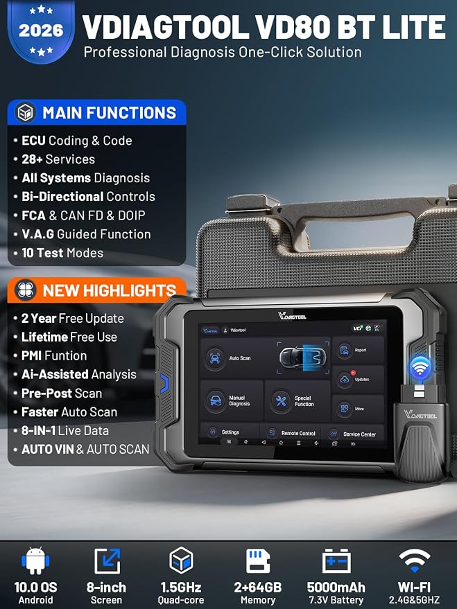 VDIAGTOOL Bidirectional Scan Tool VD80 BT Lite, 2026 8" Wireless Full System OBD2 Scanner Diagnostic Tool with 28+ Resets, ECU C0ding, Oil/Brake/BMS/SAS, FCA, CAN FD & DoIP, 2 Years Free Update