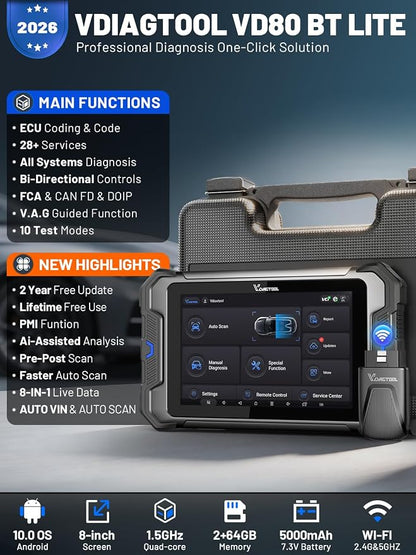 VDIAGTOOL Bidirectional Scan Tool VD80 BT Lite, 2026 8" Wireless Full System OBD2 Scanner Diagnostic Tool with 28+ Resets, ECU C0ding, Oil/Brake/BMS/SAS, FCA, CAN FD & DoIP, 2 Years Free Update
