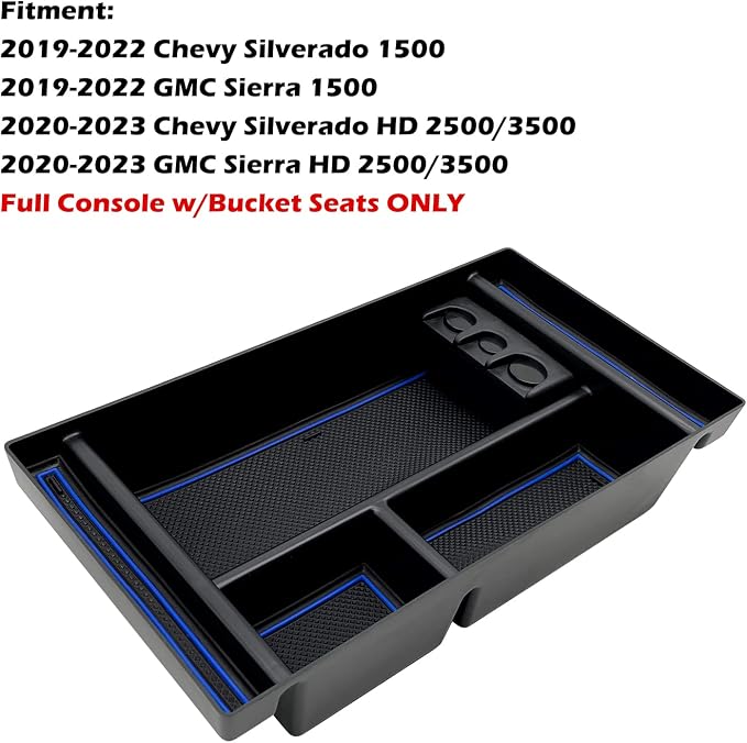 Center Console Organizer Tray fits for 2019-2022 GMC Sierra/Chevy Silverado 1500 Accessories, 2020-2021 2022 2023 Silverado/Sierra 2500 HD/3500 HD (Half-size, Blue)