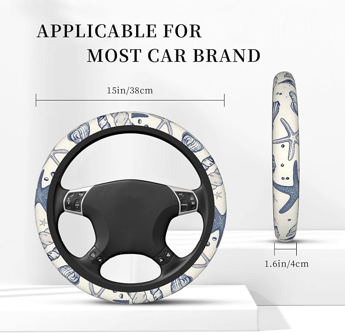Car Steering Wheel Cover with Anti-Slip Lining, Universal 15 inch Wheel Cover, Fashion Car Interior Accessories for Women Men - Sea Starfish Shells