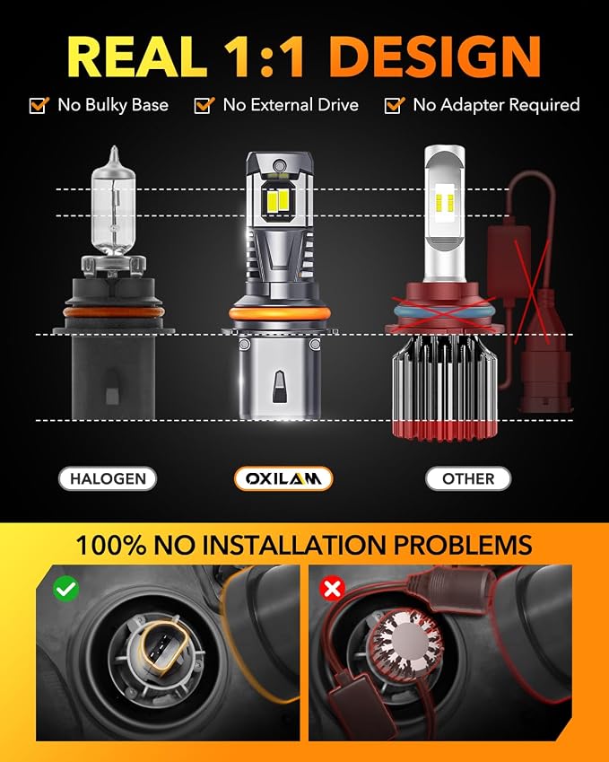 OXILAM 9007 HB5 LED Light Bulbs, 30000LM 800% Brighter, 6500K Cool White, 1:1 Halogen Size,Plug and Play HB5 Fog Lamps Replacement, Pack of 2