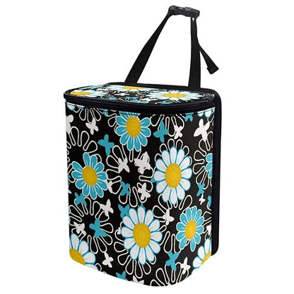 White Green Daisy Flower Print Car Trash Can with Lid Car Accessories for Men Women Trash Bin Hanging Back of Seat Collapsible Leak Proof Multipurpose Vehicle Garbage Can