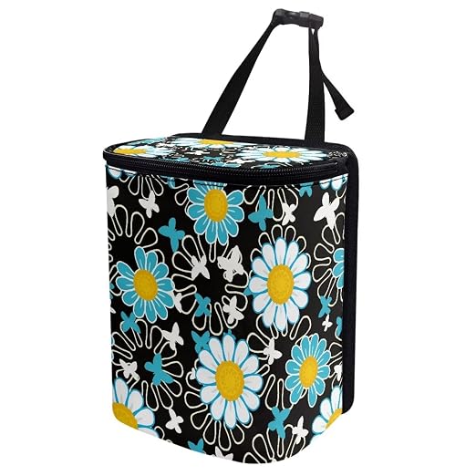 White Green Daisy Flower Print Car Trash Can with Lid Car Accessories for Men Women Trash Bin Hanging Back of Seat Collapsible Leak Proof Multipurpose Vehicle Garbage Can