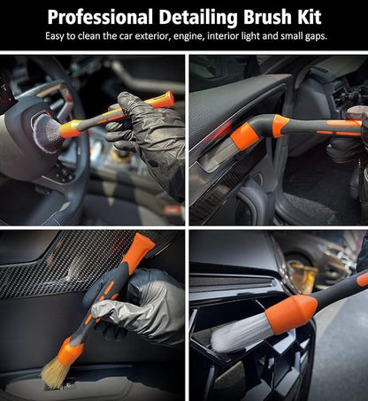 YeewayVeh 3pcs Car Detailing Brush Set, Boars Hair Detailing Brushes, Ultra Soft Detail Brush for Air Vent Leather Seat, Scratch Free Car Detailing Brushes for Interior Exterior, Orange