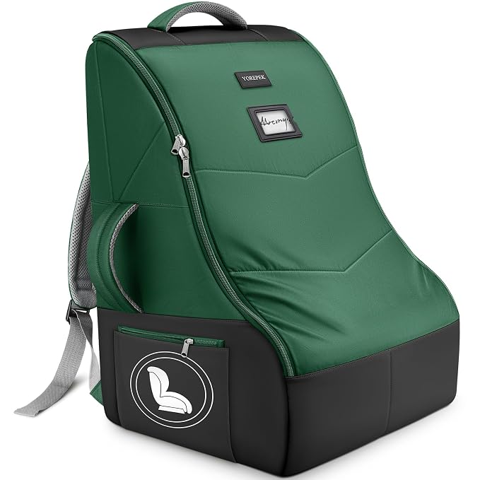 YOREPEK Carseat Bags for Air Travel, Car Seat Cover for Airplane Travel with Wear-Resistant Bottom, Large Car Seat Carrier Backpack with Side Pocket for Baby Travel Essentials, Green