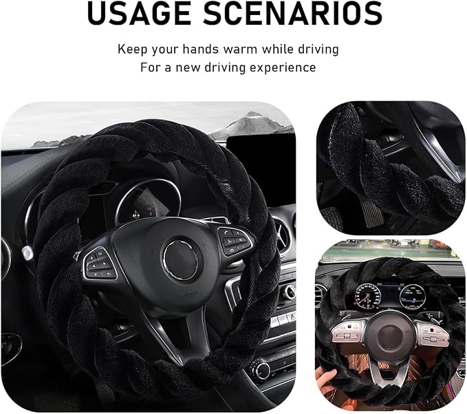 KVAEY Fluffy Car Steering Wheel Cover, 15 Inches Anti-Slip Round Fuzzy Winter Steering Wheel Protector, Soft Warm Plush Steering Wheel Cover for Women Girls, Car Accessories (Black, Round)