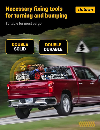 AUTOWN Cargo Net for Pickup Truck Bed - Stretchable 4'x4' to 7'x7', High Elastic Fine Mesh 1''x1'' with 8 Metal Carabiners - Ideal for ATV, SUV, UTV, Truck and Boat Use (Double Layer)