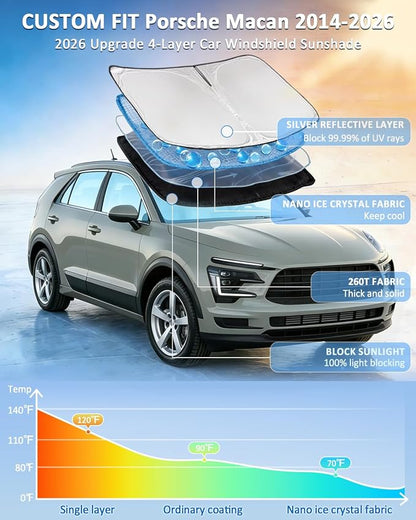 for Porsche Macan 2014-2024 2025 2026 Windshield Sun Shade - 4 Layers Car Sunshades for Front Windows Shade Cover Custom Fit Sun Visor 250T Retractable Shade Blocks UV Rays Car Accessories