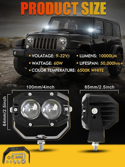 MAYELLO 4 Inch Square LED Pods - 60W White Spot Beam Off Road & Fog Lights - 6500K 10000LM IP68 - Compatible with Jeep Wrangler, Truck, Pickup, ATV, UTV, SUV, Car, Boat