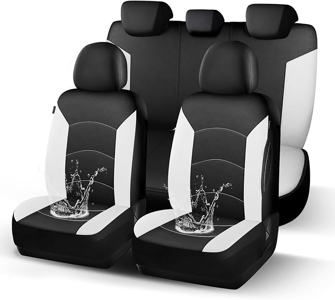 HChengkikz Car Seat Covers Full Set, Waterproof Neoprene Car Seat Covers, Airbag Compatible, All Season Protection Universal Fit Most Cars, Trucks, SUVs (Black + White)