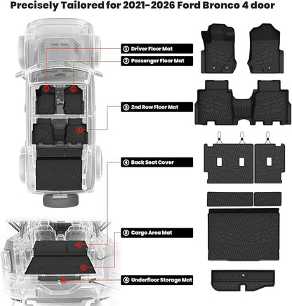 LASFIT Floor Mats & Cargo Liner Set for Ford Bronco 4-Door 2021-2026, Full Covrage Floor Liners + Cargo Mat + Backrest Mats + Underfloor Storage Mat, Heavy Duty All Weather TPE Interior Protection