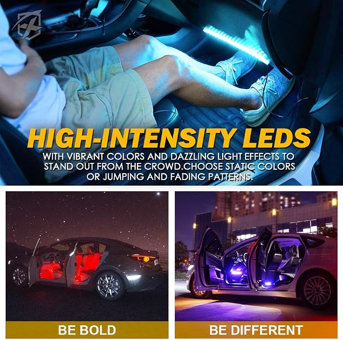 Xprite RGB LED Car Interior Bluetooth Light Strips w/Remote & Control Box, Silicone Sealed, Under Dash Footwell Lights Kit w/Cigarette Adapter for Vehicle Internal SUV Truck - 4 PCS