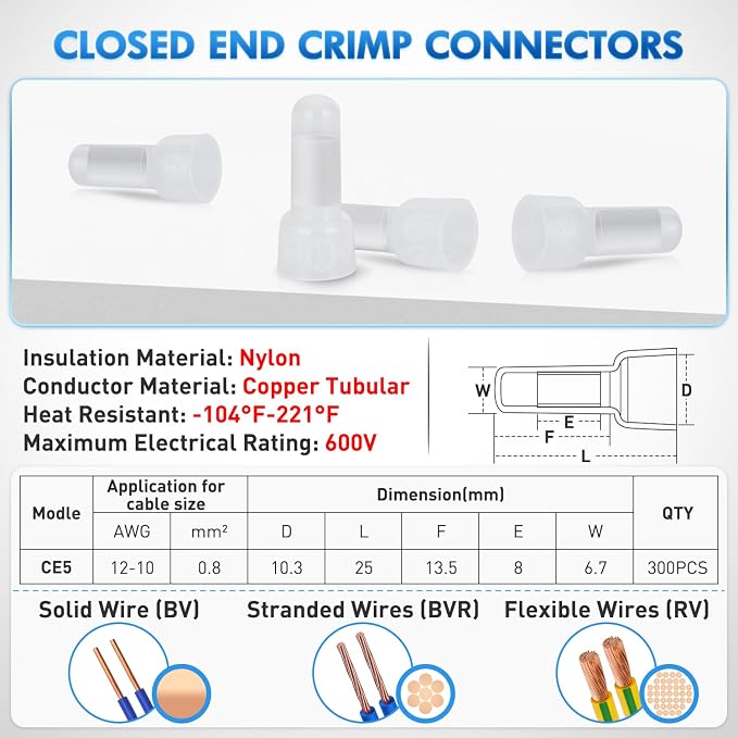 Nilight 300PCS CE5 Closed End Crimp Terminal 12-10 Gauge Nylon Insulated Closed End Wire Cap Wire Connectors Crimp Cap Terminals Connectors for Automotive Car Truck Boats Marine Electrical Wiring