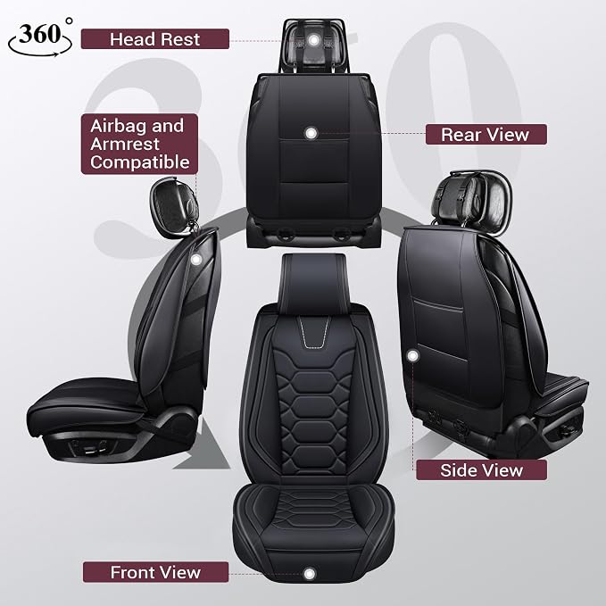 OASIS AUTO Car Seat Covers Full Set, Sporty Faux Leather with Honeycomb Pattern, Waterproof Universal Fit for SUV, Sedan, Pick-up Truck, Automotive Interior Accessories (OS-004 Black)