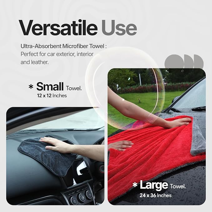 Crystal Clean 1300GSM Microfiber Towels for Cars – XL Drying Towel with Double Twisted Loop, Professional Detailing Towel Car Detailers - Quick Dry, Paint Safe & Swirl-Free (2 Pack Red)