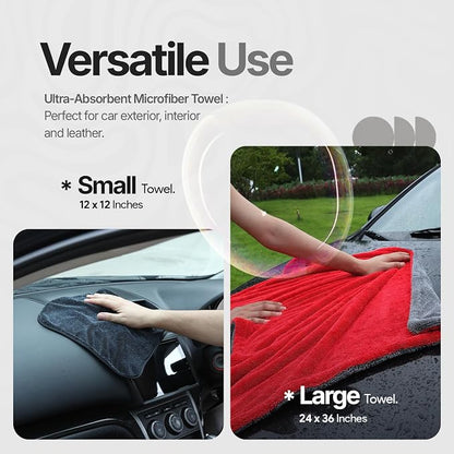 Crystal Clean 1300GSM Microfiber Towels for Cars – XL Drying Towel with Double Twisted Loop, Professional Detailing Towel Car Detailers - Quick Dry, Paint Safe & Swirl-Free (Grey+Red)