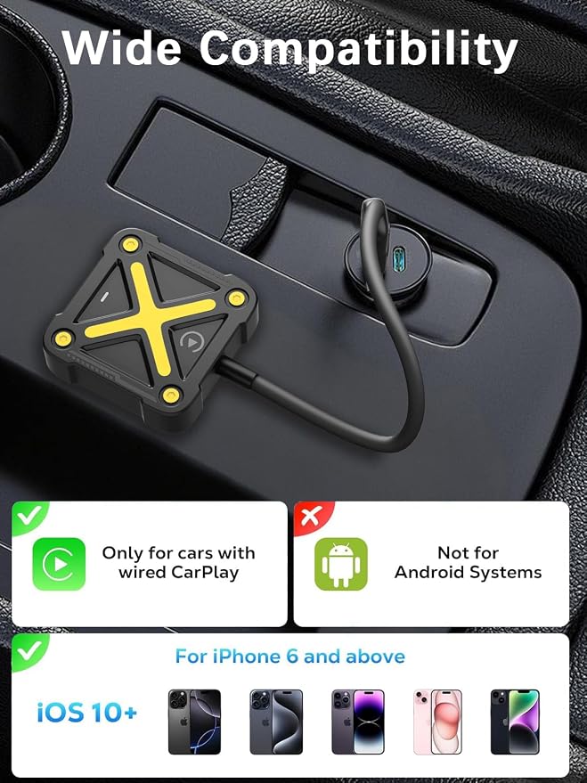 Wireless CarPlay Adapter for Apple iPhone - Bluetooth 5.3 Plug & Play, No Latency, Auto Reconnect, Compatible with 2016+ Factory Wired CarPlay Cars & iOS10+