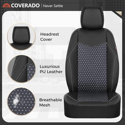 Coverado Front Seat Covers, Breathable Mesh & Leather Car Seat Protectors, Black Driver Seat Cover, Car Seat Cushions, Universal Automotive Seat Covers Fit for Most Sedans SUV Truck, Black