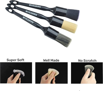 MVEQRRN 3pcs Car Detailing Brush Set-1pcs Boars Hair Car Detailing Brushes,1pcs Ultra Soft No Scratch Detailing Brush for Air Vent,Leather Seat 1pcs Detail Brushes car Detailing for Interior Exterior