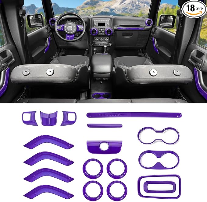 18PCS Full Set Interior Trim Kit for Jeep Wrangler JK JKU 2011-2018 4 Door,Center Console Door Handle Side Outlet Cup Holder Gear Cover Trim (Purple)