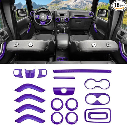 18PCS Full Set Interior Trim Kit for Jeep Wrangler JK JKU 2011-2018 4 Door,Center Console Door Handle Side Outlet Cup Holder Gear Cover Trim (Purple)