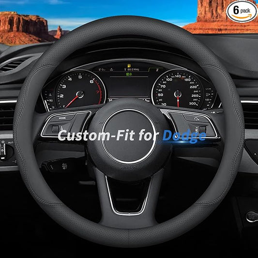 Deer Route Custom-Fit for Dodge Steering Wheel Cover, Premium Leather Car Steering Wheel Cover with Logo, Non-Slip, Breathable, for Dodge Accessories (B-Style,for Dodge)