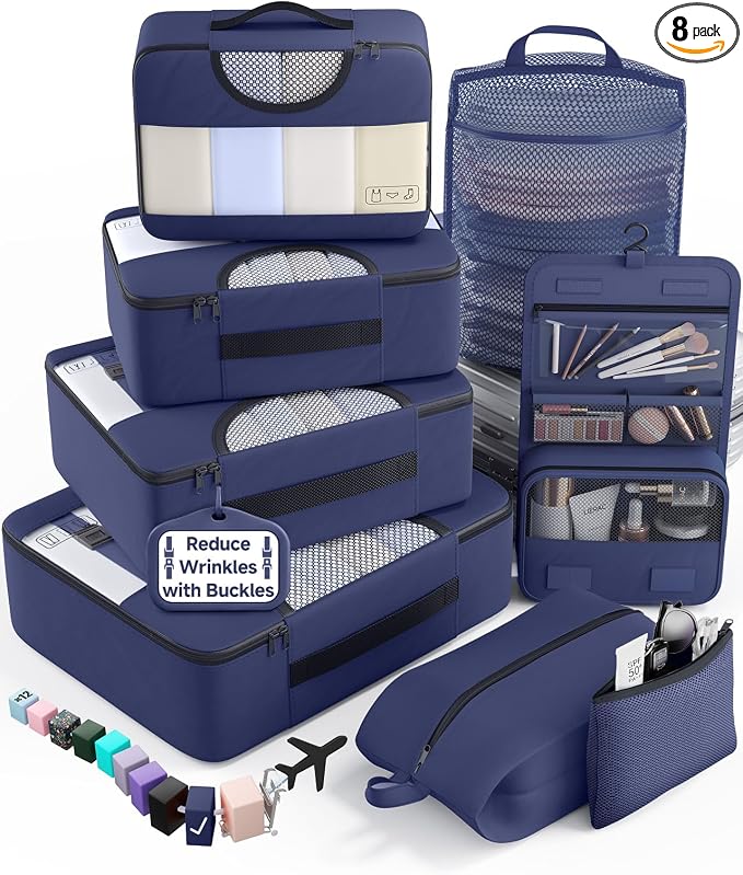 Veken 8 Set Packing Cubes for Travel Essentials,Anti-Wrinkle Buckled Suitcase Organizer for Shoe & Toiletry Bag,Carry On Luggage Bag with 99+ Count Mesh Holes for Airplane & College Dorm Accessories
