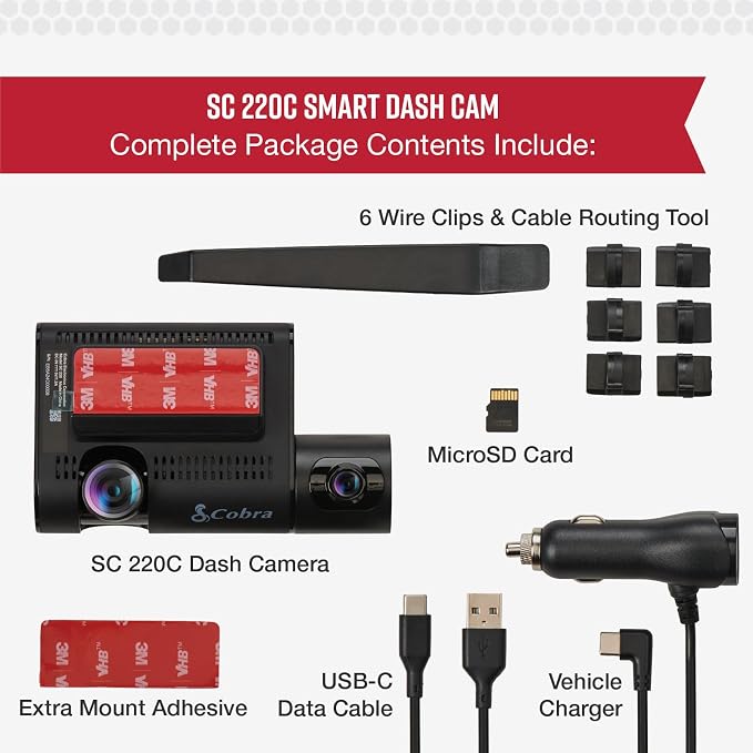 Cobra Smart Dual View Front and Cabin Dash Cam (SC 220C) - QHD 1440P Resolution, 360 Alerts, Parking Live View, Incident Reports, Emergency MayDay, 16 GB SD Card Included, CarPlay & Android Auto