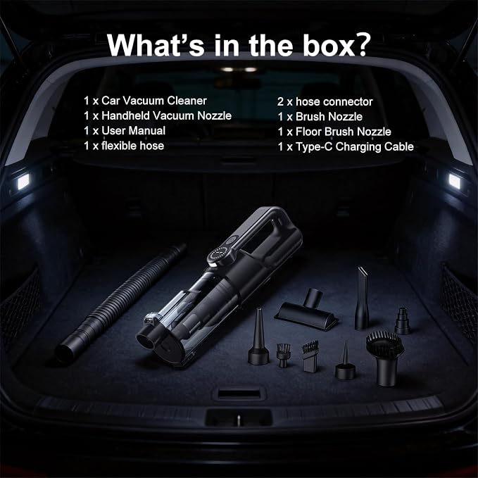 Handheld Vacuum Cordless 2-in-1, 25000PA Powerful Suction Car Vacuum & Blower, Portable Rechargeable Mini Vacuum 80000RPM, 38Min Runtime USB-C for Car Home Office. (Black)