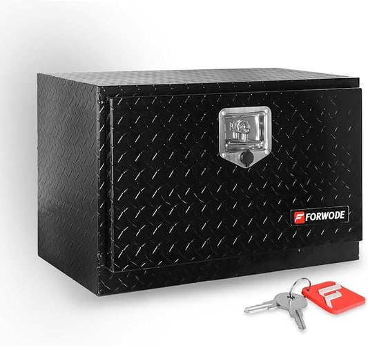 FORWODE 24x14x16 Inch Underbody Truck Tool Box Aluminum Trailer Tool Box with Lock & Foldable T-Handle Waterproof Truck Storage Box for Pickup Truck, Trailer, RV, ATV, Indoor（BLACK）