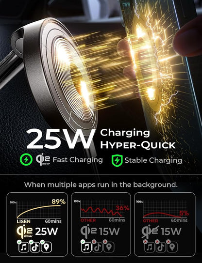LISEN Qi2.2 25W MagSafe Car Mount Charger, Magnetic Wireless Car Charger with 54W Adapter, Magnetic Phone Holder for Car, iPhone Car Mount, Vacuum Suction Cup Phone Mount for iPhone 17 16 15 14 13 12 | [Qi2.2 25W Fast Charging] Magsafe Car Mount, [Easy...