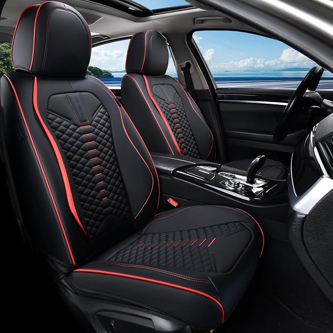 Coverado Car Seat Covers, Front Seat Cover, Waterproof Nappa Leather Seat Covers for Cars, 2 Pack Car Seat Protectors, Driver Seat Cover, Automotive Seat Covers Universal Fit for Most Cars, Black&Red