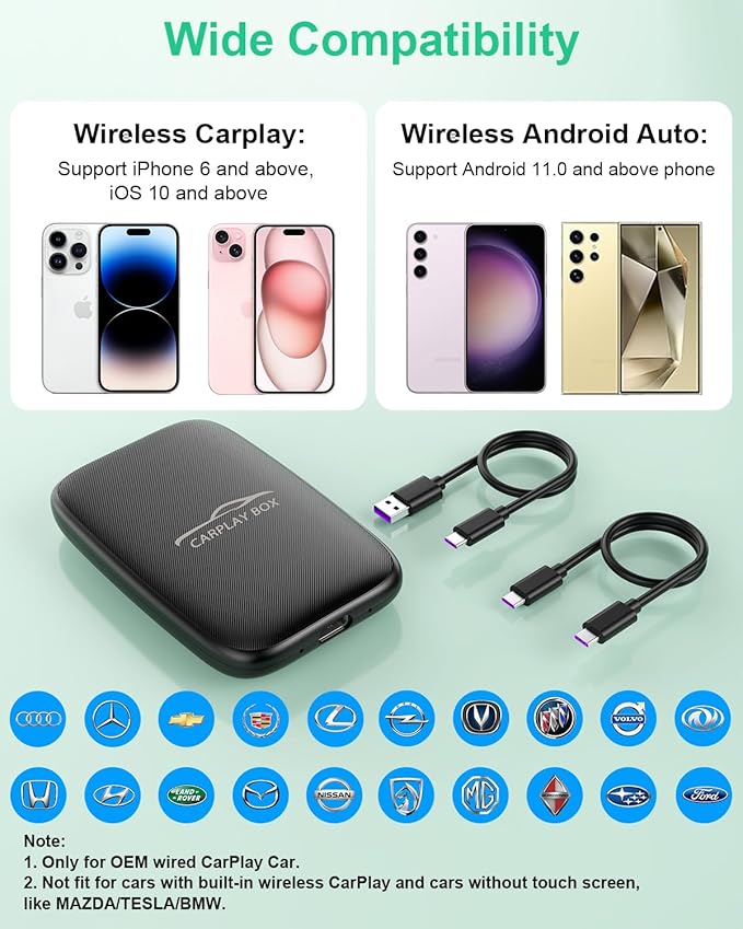 6-in-1 Wireless Carplay Adapter with Netflix YouTube TF Card, Android Auto Wireless Adapter and CarPlay, Plug & Play, Easy Setup, Magic Video Ai Box for OEM Wired Apple Car Play Cars & iPhone