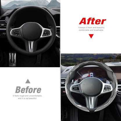 Car Steering Wheel Cover Set Bright Carbon Fiber Wrap Non-Slip 3pcs Steering Wheel Accessories 14.5-15 inch Universal (Silver)