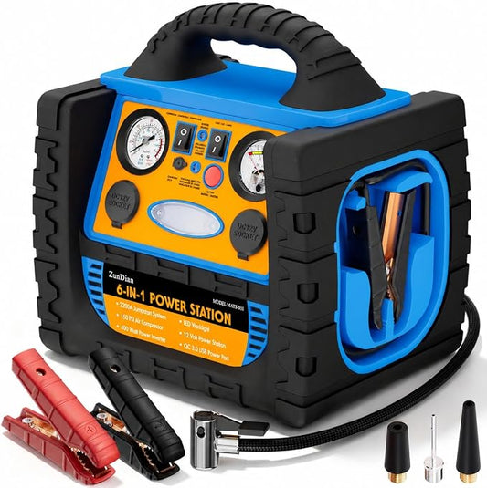 Car Jump Starter with Air Compressor, 2200A Battery Booster Pack for Up to 8.0L Gas & 6.0L Diesel, 150PSI Tire Inflator, 400W Portable Power Station with AC Outlet, 6-in-1 Jump Box for Cars, Trucks