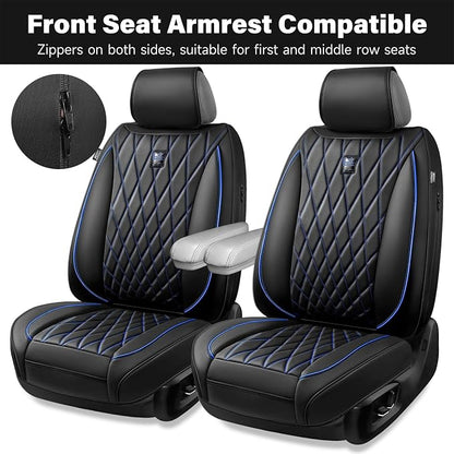 CAR PASS Luxury PU Leather Two Front Car Seat Covers, Waterproof Seat Covers Compatible with Front Seat Armrests, Airbag Compatible Anti- Slip Universal Fit for Cars Suvs Vans Trucks Black Blue