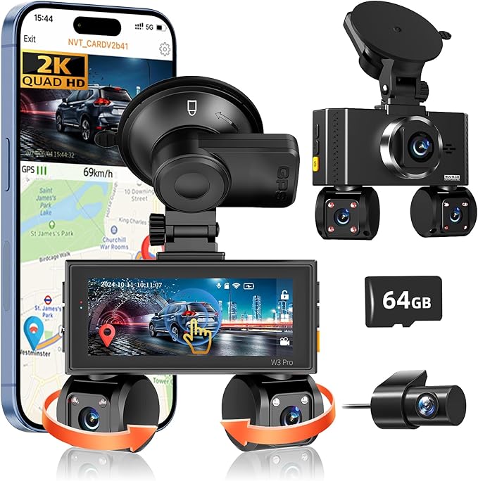 360° View 4 Channel Dash Cam Front and Rear, Dash Camera for Car with 3.16" IPS Touch Screen, 8 IR Night Vision, 5G WiFi&GPS,APP Control, G-Sensor, Loop Recording, Parking Mode, 64GB Card