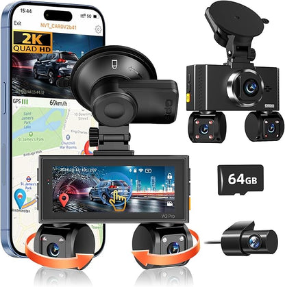 360° View 4 Channel Dash Cam Front and Rear, Dash Camera for Car with 3.16" IPS Touch Screen, 8 IR Night Vision, 5G WiFi&GPS,APP Control, G-Sensor, Loop Recording, Parking Mode, 64GB Card