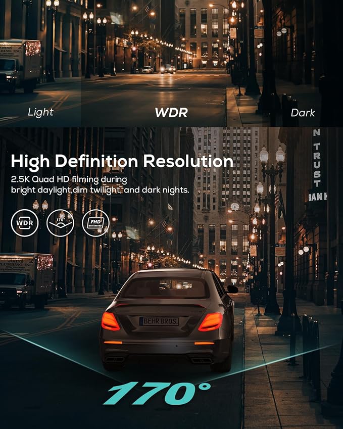 iZEEKER 2.5K Dash Cam, 1440P QHD Car Camera with 3" IPS Display, Night Vision, WDR, 170°Wide Angle, Loop Recording, G-Sensor Emergency Recording, 24H Parking Mode, Type C(No SD Card)