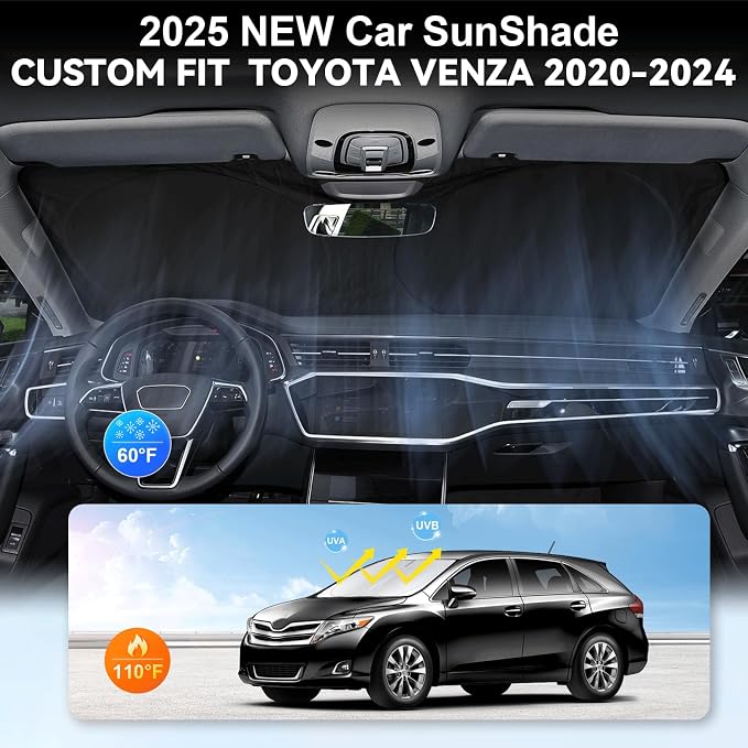 Custom Fit Venza Windshield Sunshade for 2021 2022 2023 2024 2025 Toyota Venza, LE, XLE, Limited, SUV Accessories Front Window 210T Reflective Shield Cover for Windshield Sun Visor Protector Blocks UV