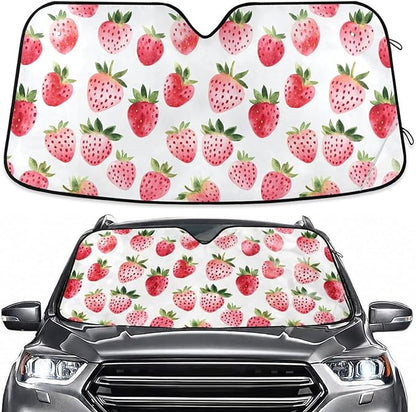 Watercolor Strawberry Windshield Sun Shade for Car Auto SUV Truck Foldable Front Window Sunshade Sun Visor Protector Block UV Rays Reflect Heat, 55" x 28"