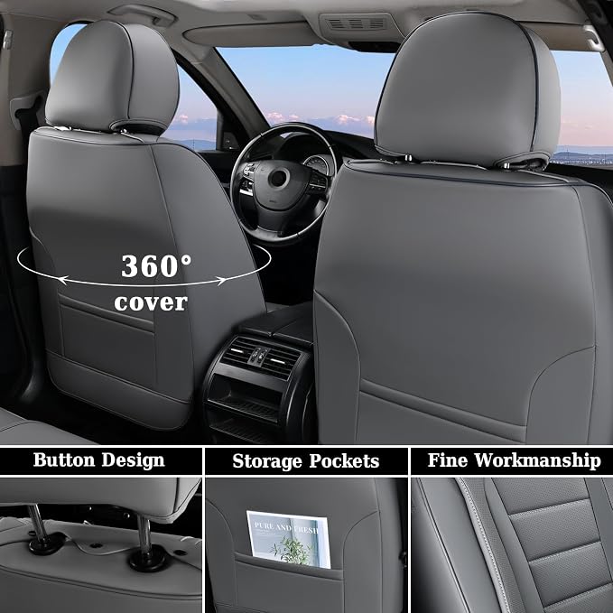 Coverado Seat Covers Full Set, Seat Covers for Cars, Gray Car Seat Cover, Waterproof Car Seat Protector, Nappa Car Seat Cushion, 5 Pieces Car Seat Covers Front Seats and Back Fit for Most Cars