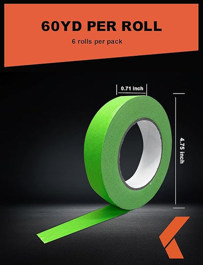 KREFINISH Painters Tape for Car - Green No Residue Automotive Masking Tape - Heat Resistant for Paint Booth, 0.7 Inches x 60 Yards, 6 Rolls